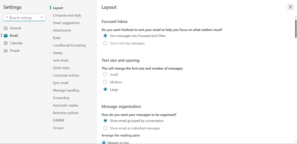 outlook layout settings